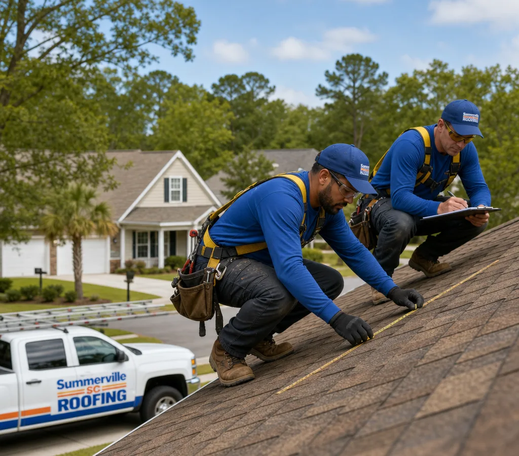 Roofing crew inspecting a Summerville home with safety gear and measuring tools