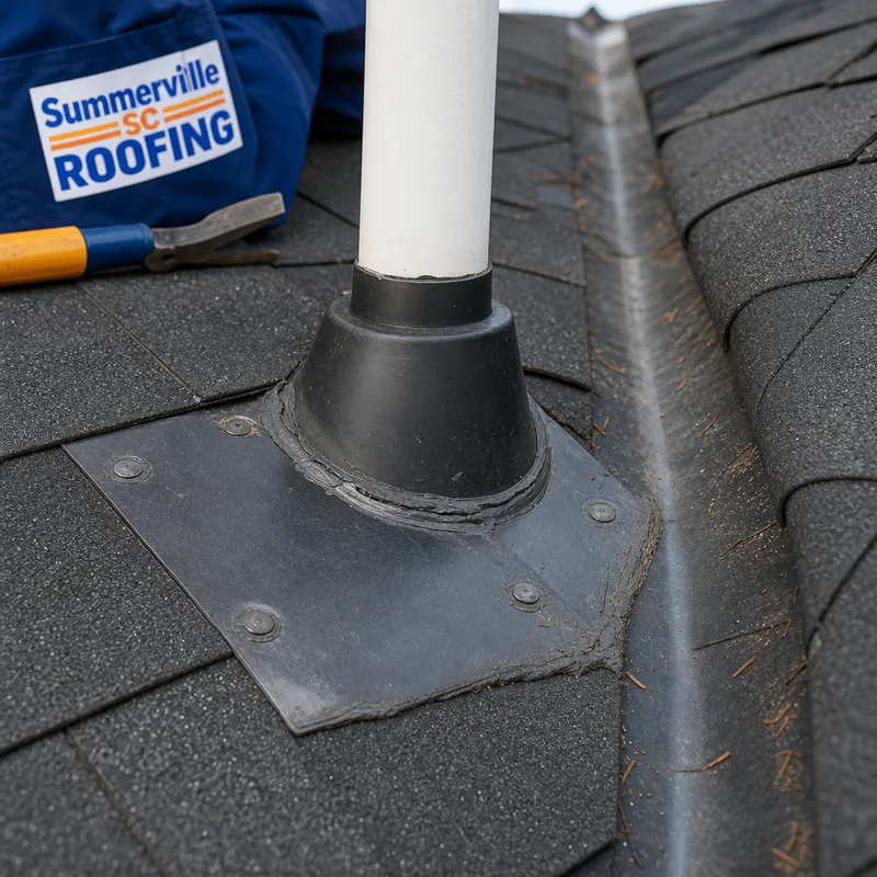 Close-up of plumbing-vent flashing and a roof valley showing sealant, fasteners, and water channels