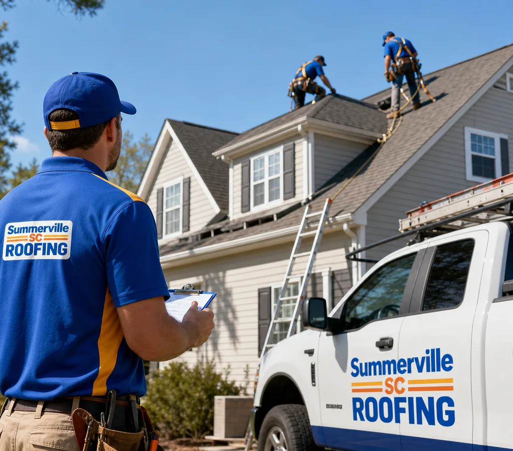 Roofing crew inspecting a Summerville-area home with safety gear and a clipboard