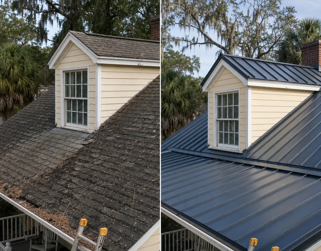 Before-and-after comparison of an aging shingle roof and a new metal roof