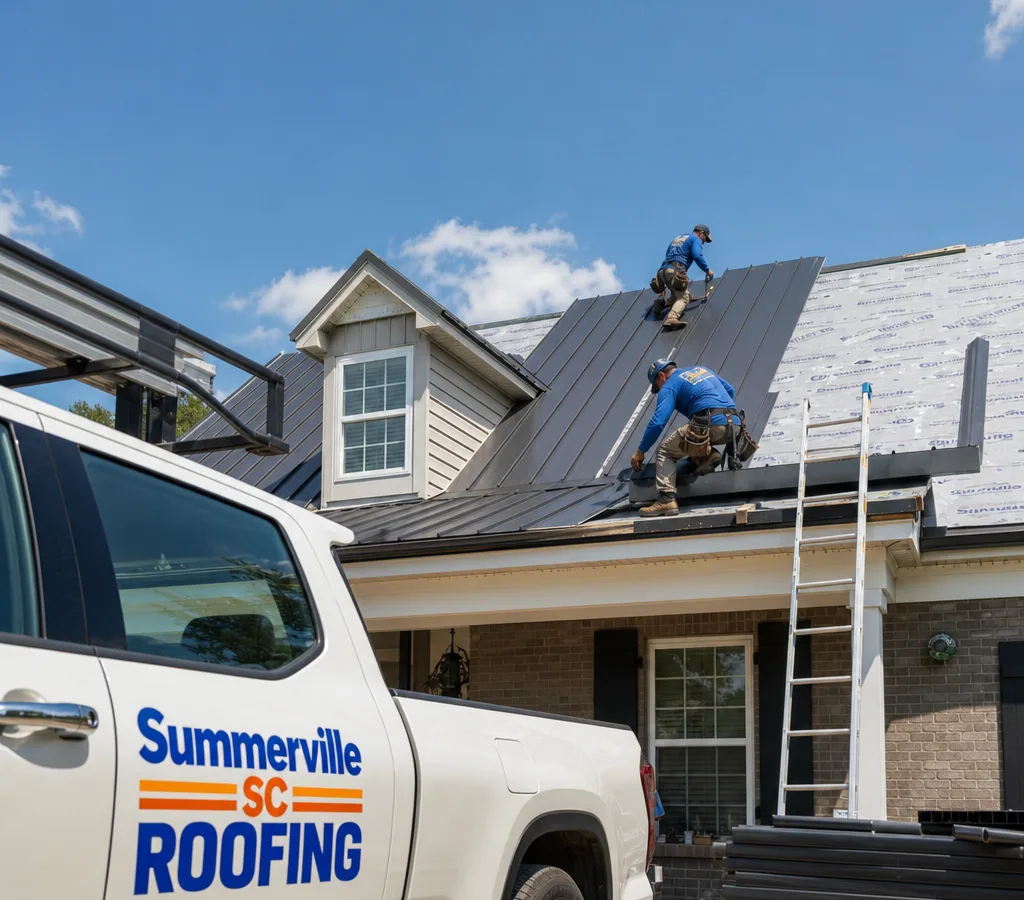 Residential crew installing standing seam metal roofing on a Summerville-area home