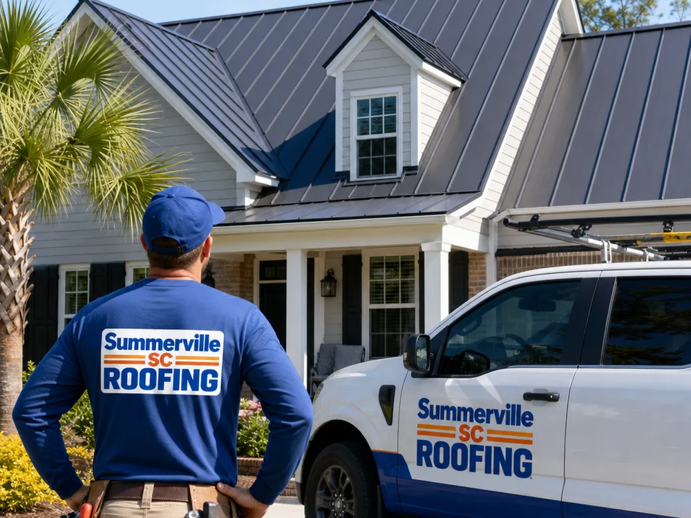 Finished standing seam metal roof with straight panel lines and matched trim