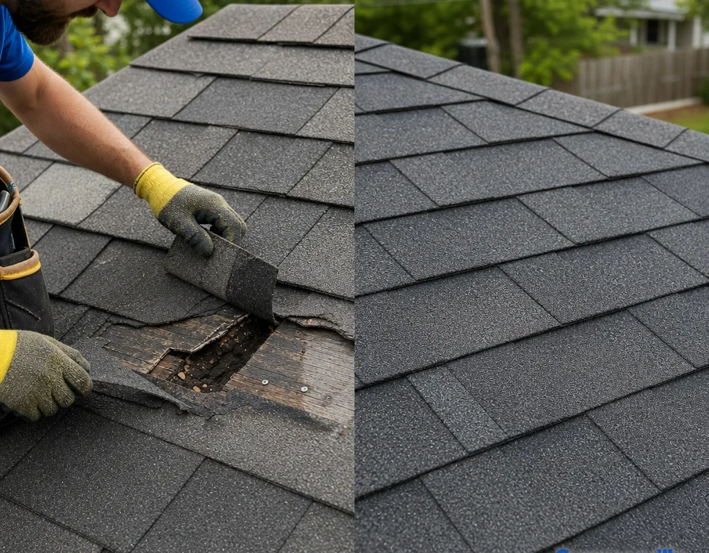Before-and-after view of damaged shingles and exposed fasteners replaced with aligned, properly sealed shingles