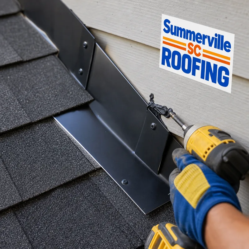 New step flashing integrated with asphalt shingles at a repaired roof-to-wall intersection