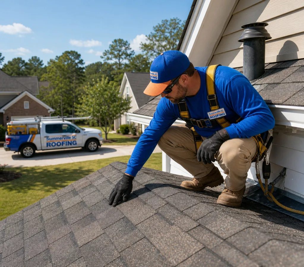 Roofing technician inspecting a suspected leak near roof-to-wall flashing and a vent on a Summerville home