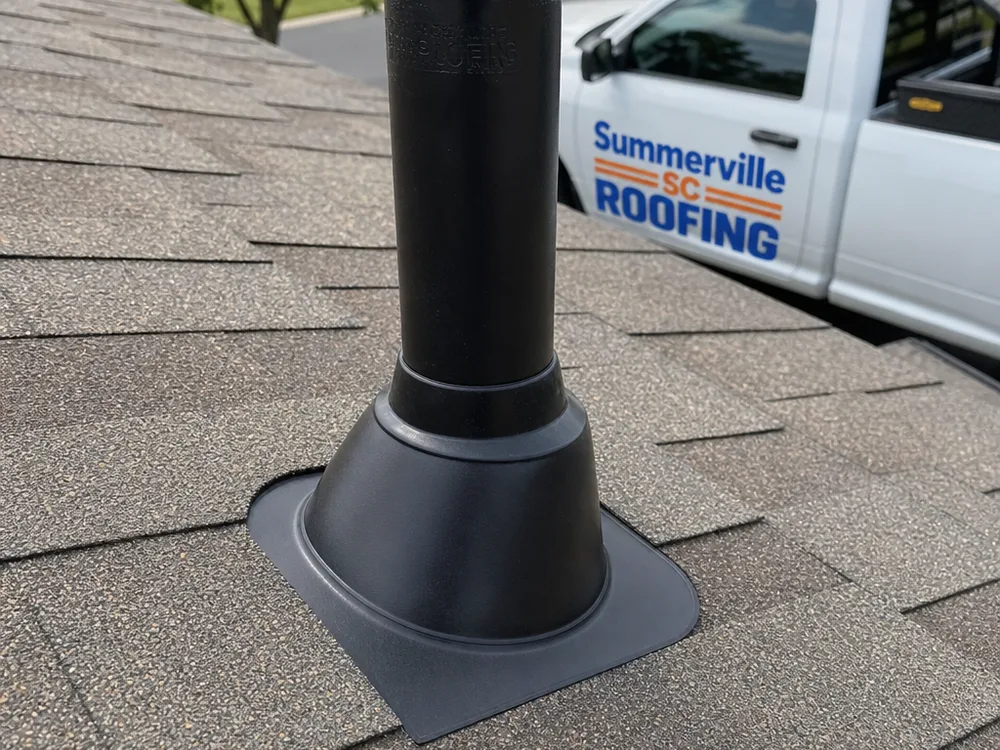 New plumbing vent boot correctly installed beneath the surrounding shingle course