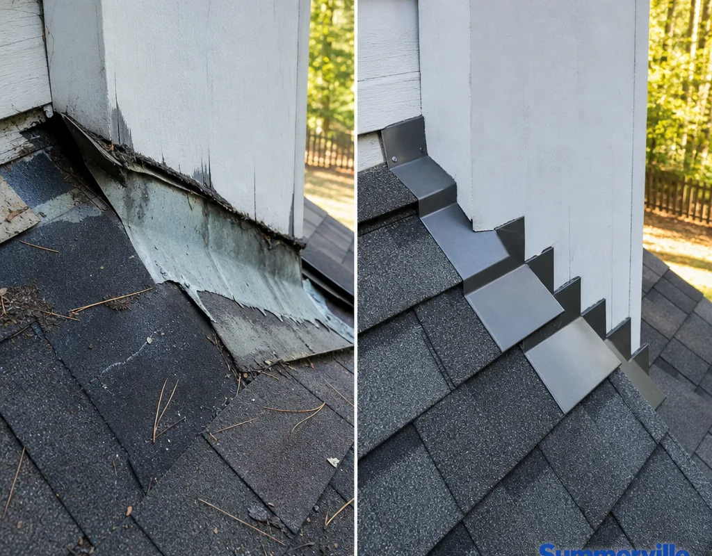 Before-and-after view of failing roof-to-wall flashing and properly installed step flashing with new shingles