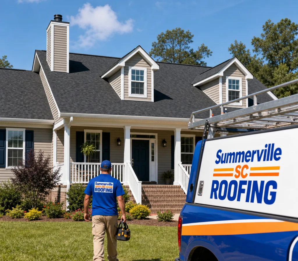 Summerville-area home with a newly installed asphalt shingle roof, clean ridge lines, chimney flashing, and tidy landscaping