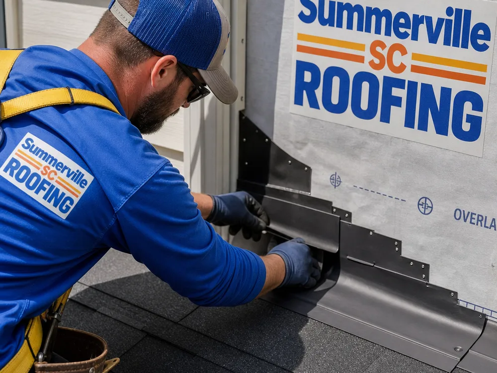 Roofer installing step flashing and underlayment at a roof-to-wall intersection with correct layering and fastener placement