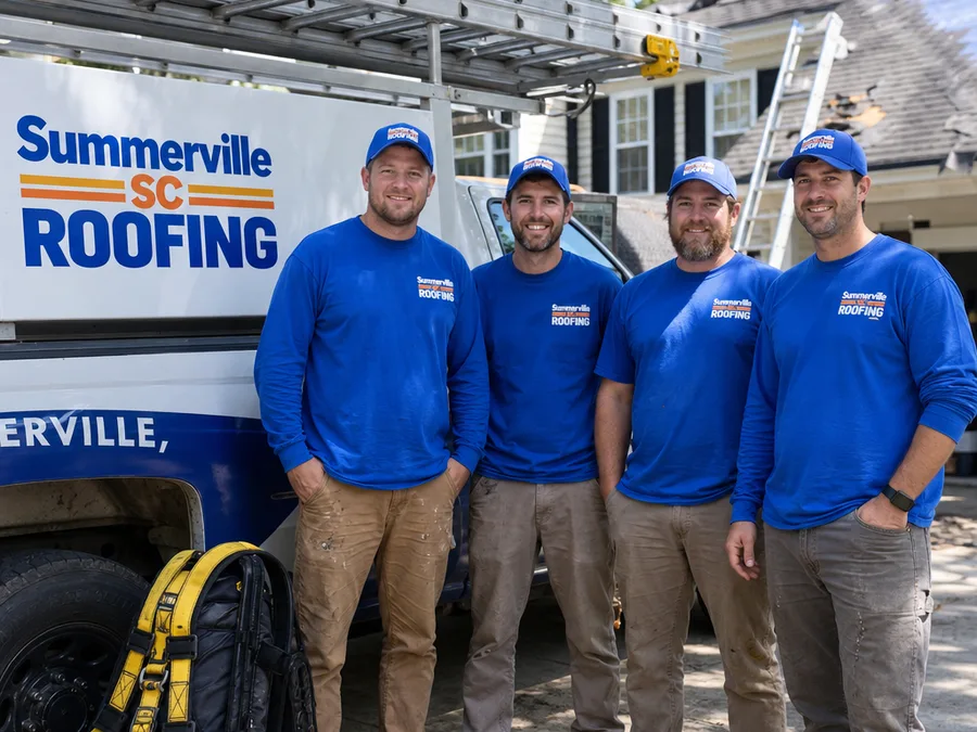 Local roofing team beside a work vehicle with ladders and safety equipment